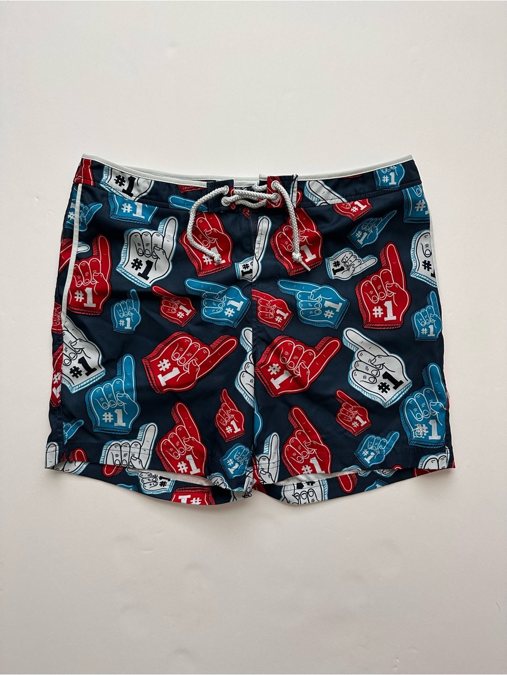 Original Penguin Navy Swim Trunks with Red, Blue & White Foam-Finger Print